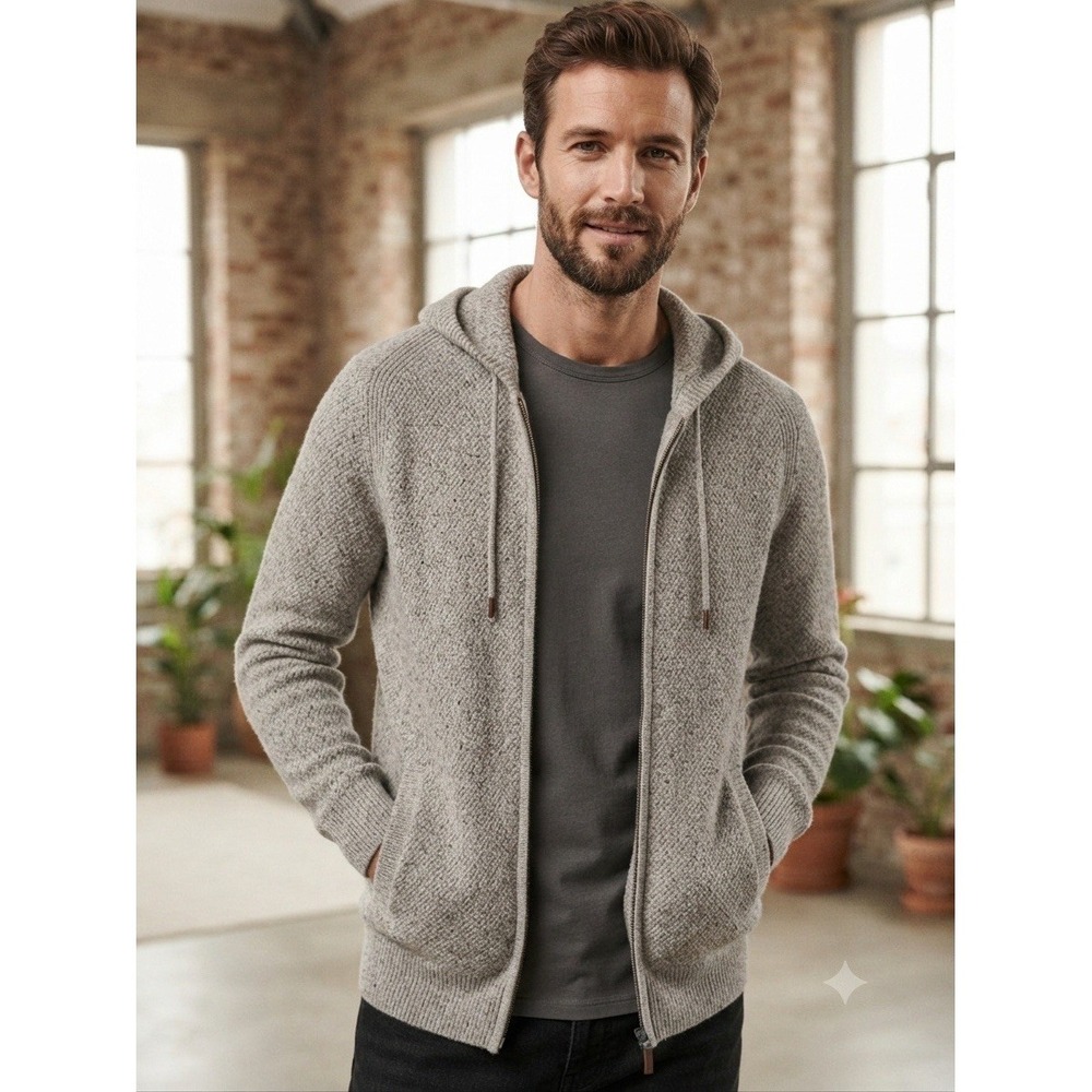 Massimo Dutti Men's Gray Speckled Wool Silk Full Zip Hoodie Sweater - Size L
